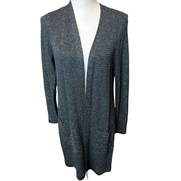 Eileen Fisher Black Merino Wool Open Front Metallic Sparkle Cardigan Sz Medium - Picture 1 of 8